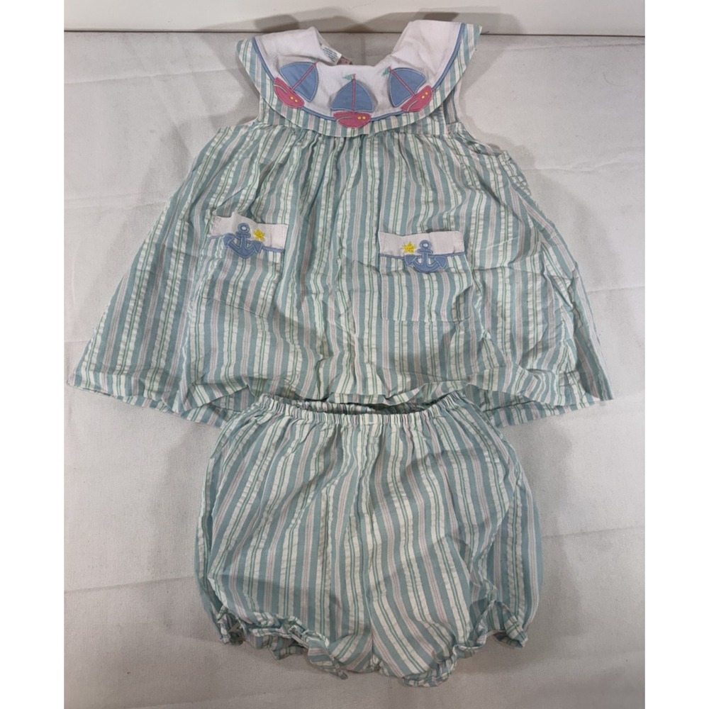 Vintage Samara Smocked Light Blue Green Sailboats Dress w Bloomers Girl Size 4T